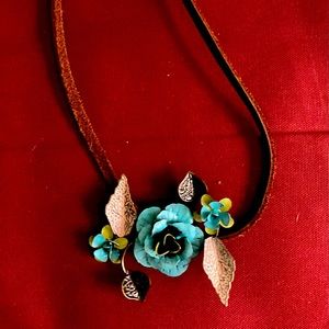 Unique Handmade Turquoise Floral Leather Necklace